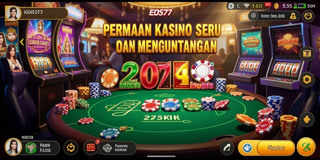 Screenshot gameplay EOS77 yang menggambarkan suasana kasino yang menegangkan.