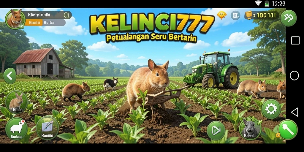 Screenshot gameplay KELINCI777 menunjukkan ladang yang subur dan aktivitas bertani.